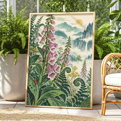Foxgloves Above the Mist, green, purple, pink floral wall art displayed in a styled interior, gallery view 6