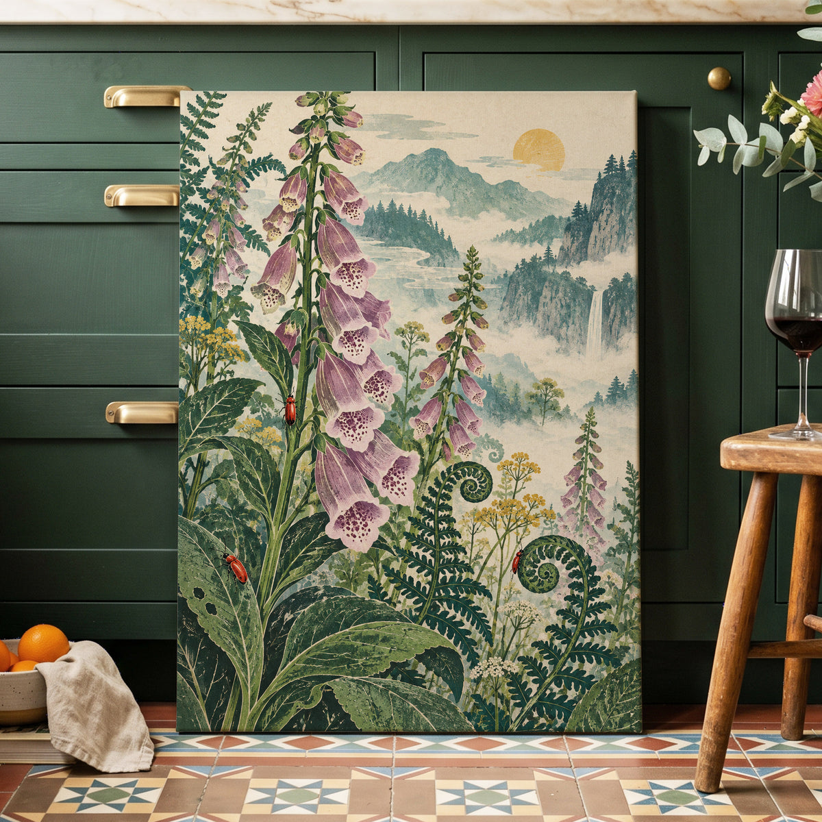 Foxgloves Above the Mist, green, purple, pink floral wall art displayed in a styled interior, gallery view 7