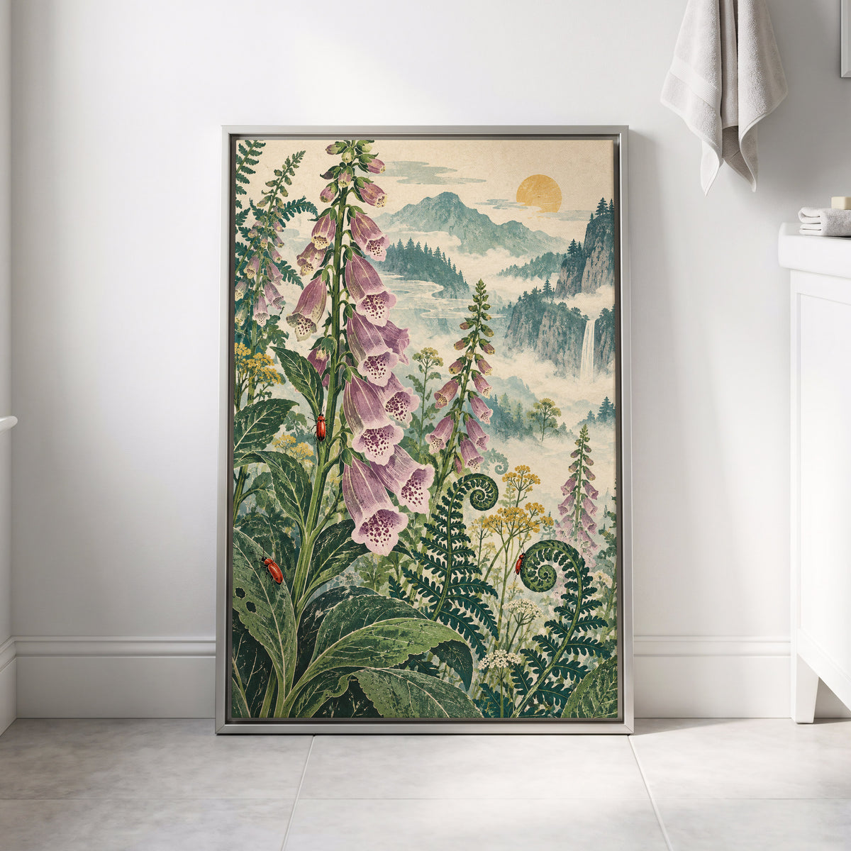 Foxgloves Above the Mist, green, purple, pink floral wall art displayed in a styled interior, gallery view 8