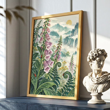 Foxgloves Above the Mist, green, purple, pink floral wall art displayed in a styled interior, gallery view 9