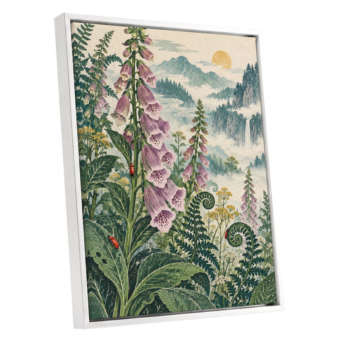 Foxgloves Above the Mist, green, purple, pink floral wall art shown as a white framed canvas wall art