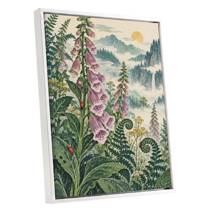 Foxgloves Above the Mist, green, purple, pink floral wall art shown as a white framed canvas wall art