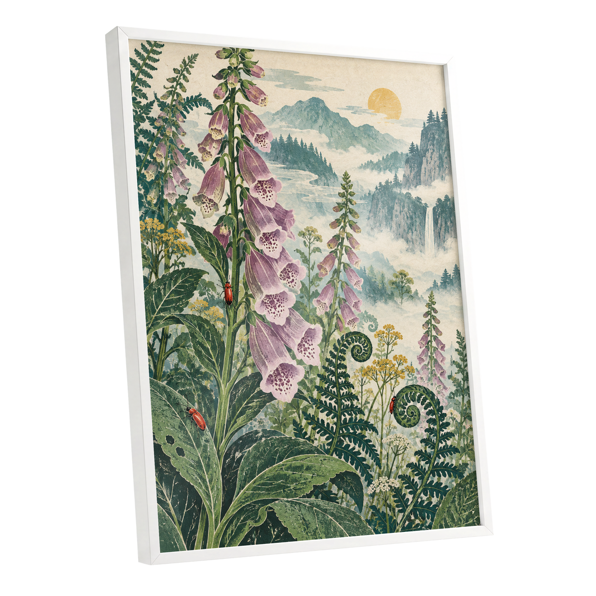 Foxgloves Above the Mist, green, purple, pink floral wall art shown as a white framed poster wall art print