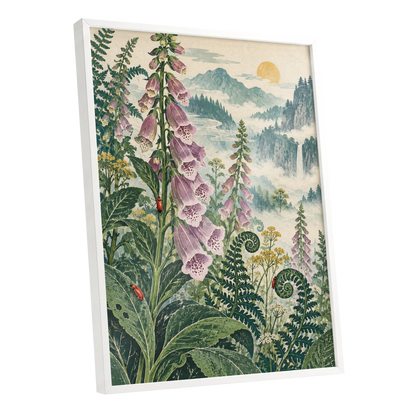 Foxgloves Above the Mist, green, purple, pink floral wall art shown as a white framed poster wall art print