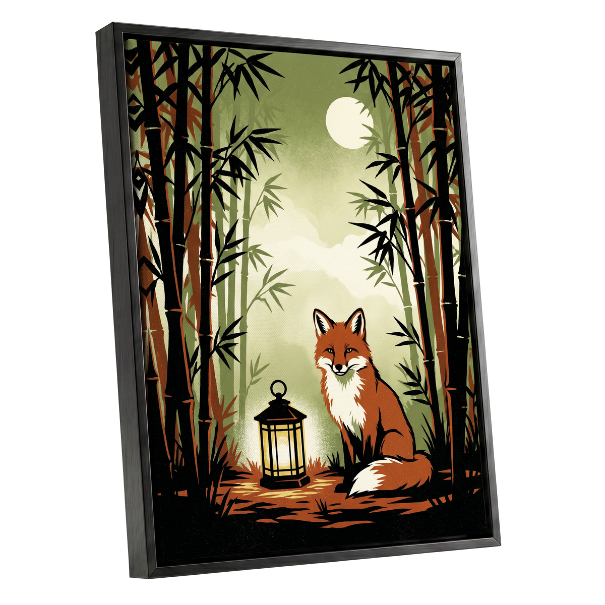 Foxlight in Bamboo, black, green, orange nature wall art shown as a black framed canvas wall art