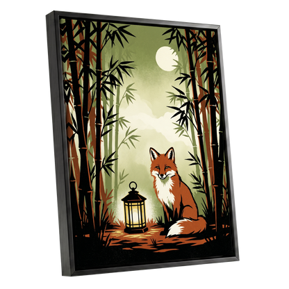 Foxlight in Bamboo, black, green, orange nature wall art shown as a black framed canvas wall art