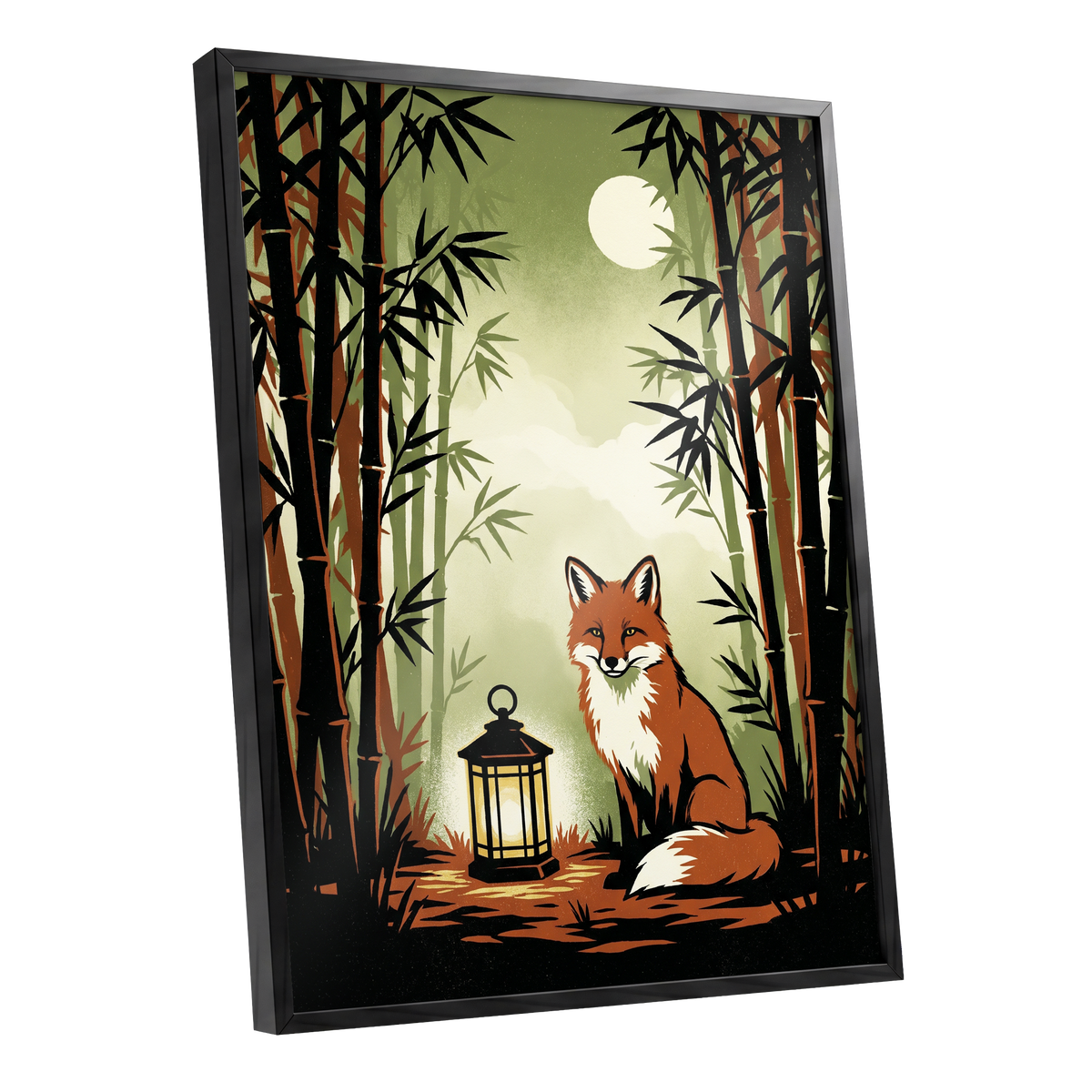 Foxlight in Bamboo, black, green, orange nature wall art shown as a black framed poster wall art print