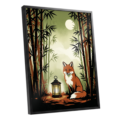 Foxlight in Bamboo, black, green, orange nature wall art shown as a black framed poster wall art print