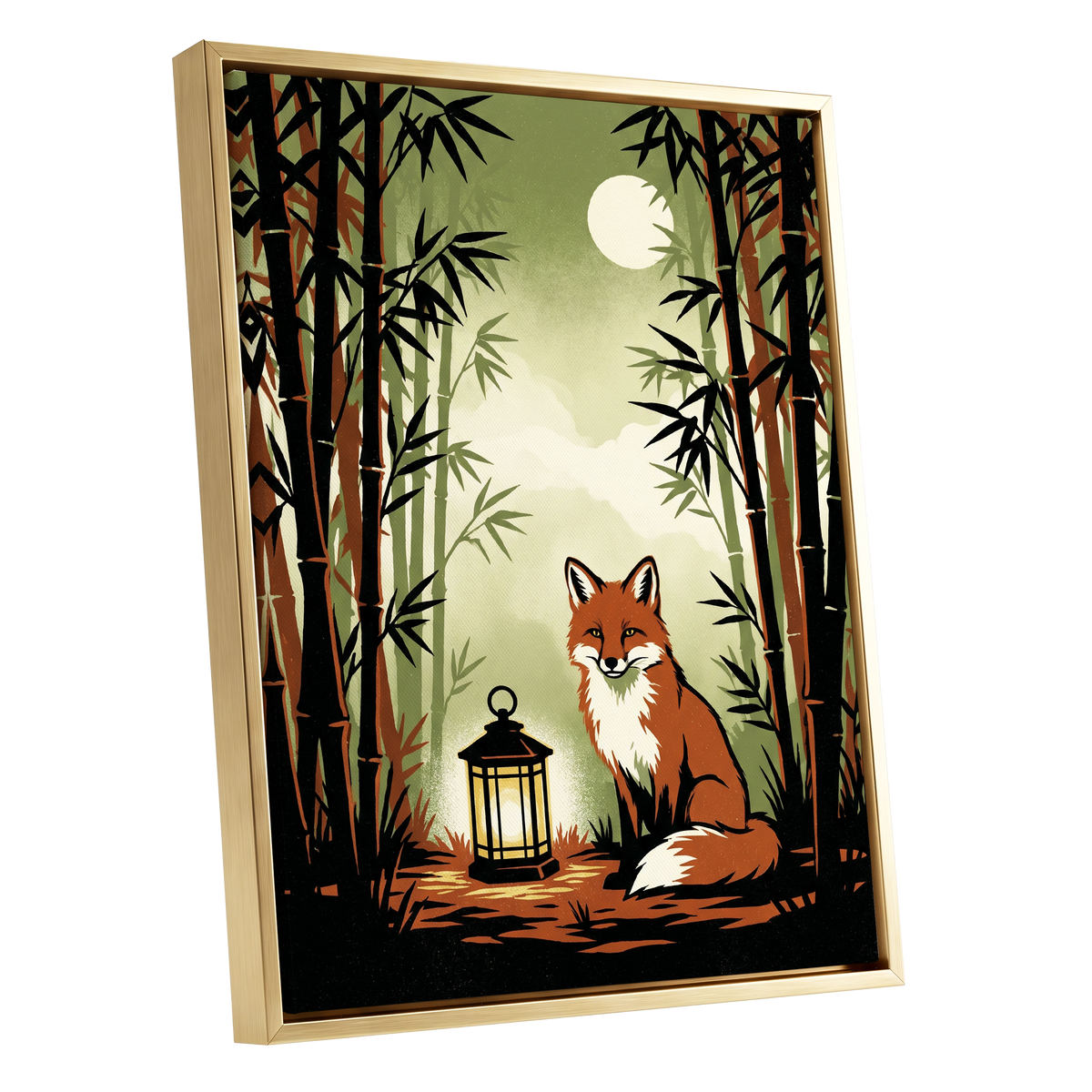 Foxlight in Bamboo, black, green, orange nature wall art shown as a gold framed canvas wall art