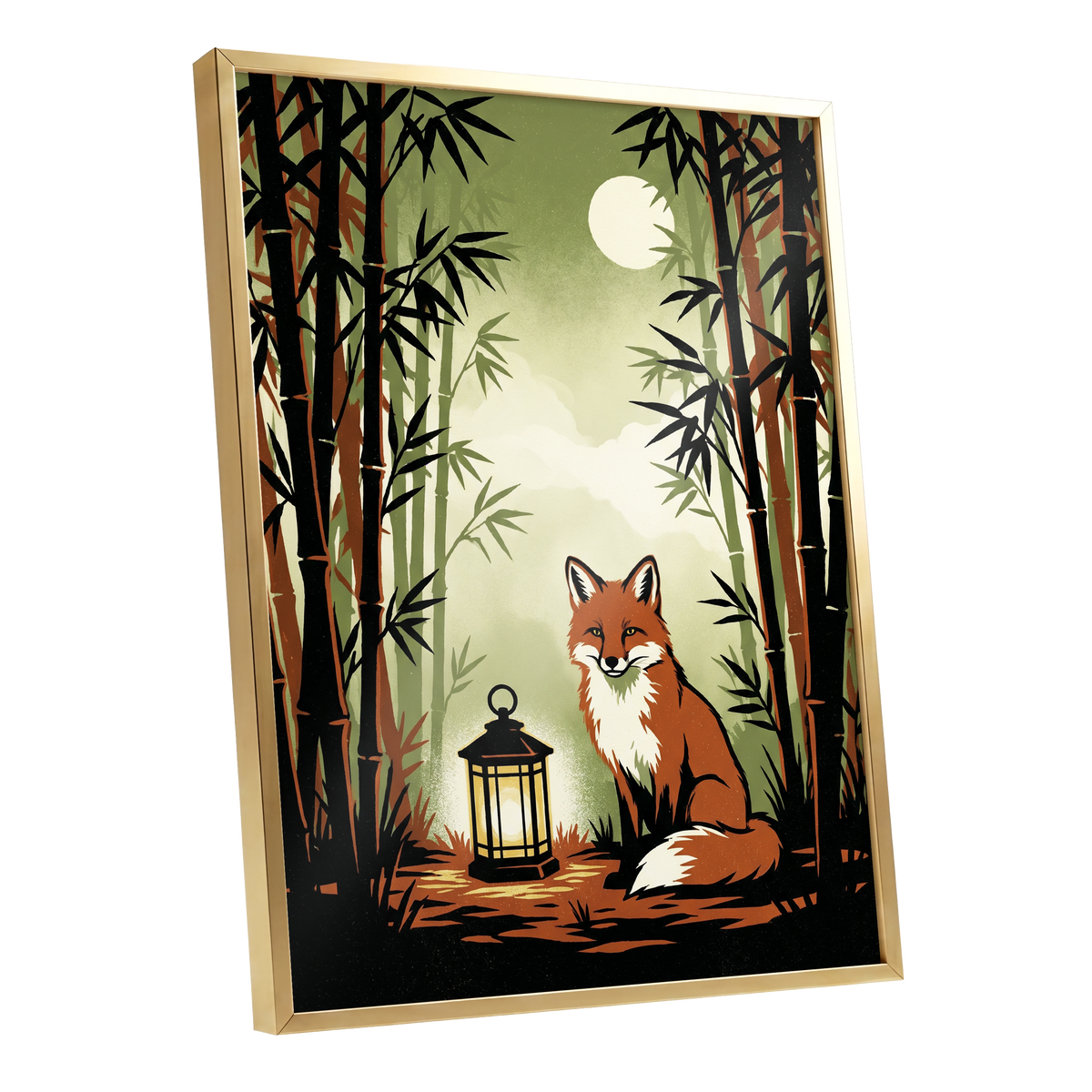 Foxlight in Bamboo, black, green, orange nature wall art shown as a gold framed poster wall art print