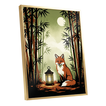Foxlight in Bamboo, black, green, orange nature wall art shown as a gold framed poster wall art print