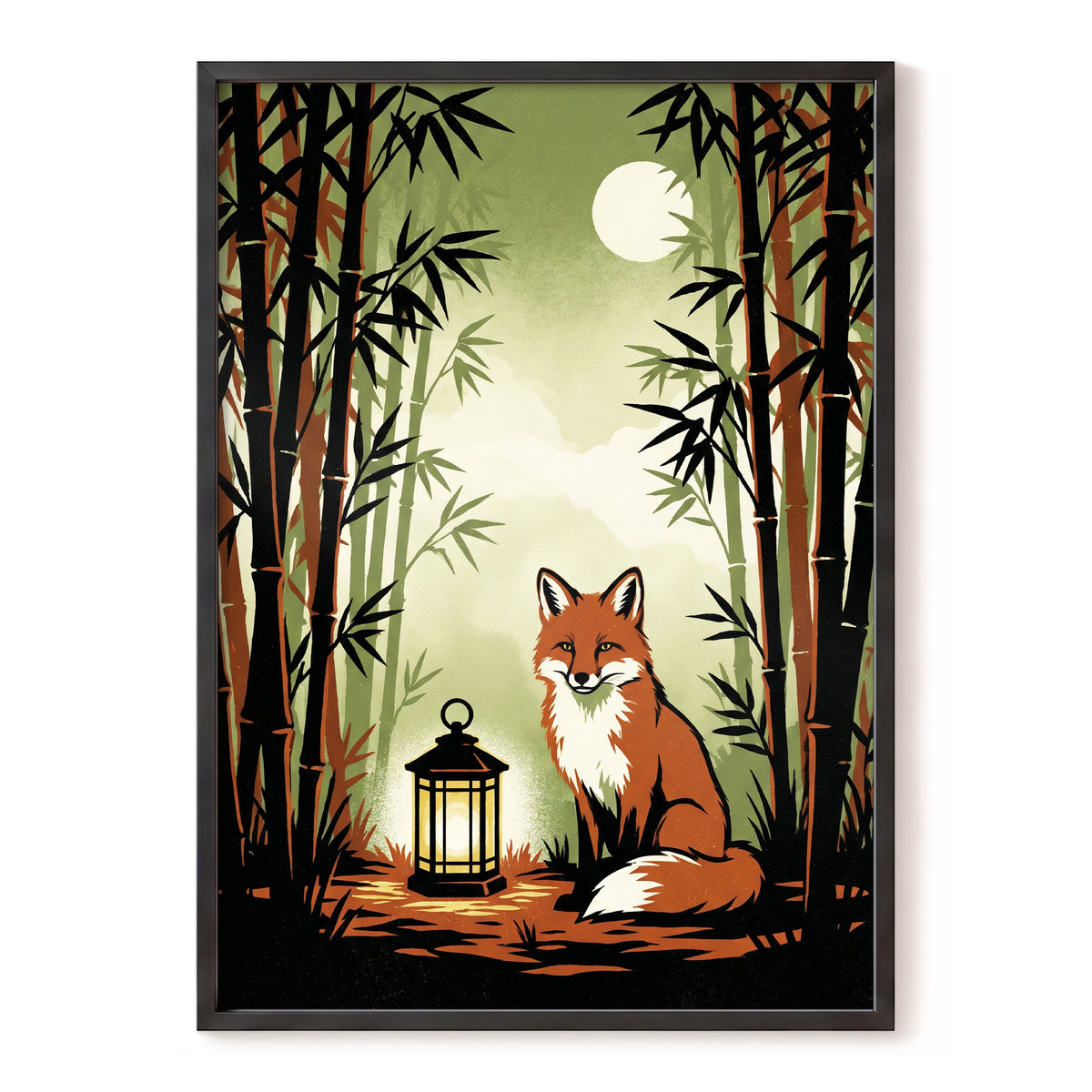 Foxlight in Bamboo, black, green, orange nature wall art, front artwork view