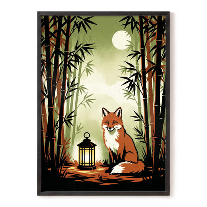 Foxlight in Bamboo, black, green, orange nature wall art, front artwork view