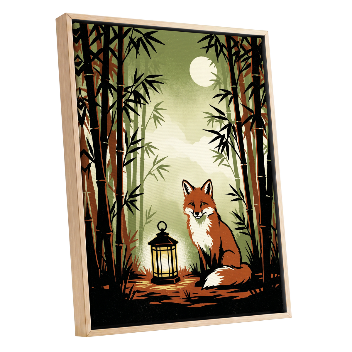 Foxlight in Bamboo, black, green, orange nature wall art shown as a oak framed canvas wall art