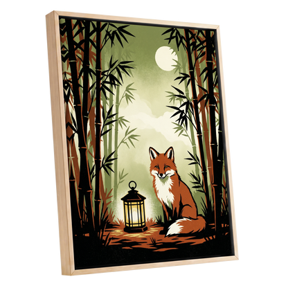 Foxlight in Bamboo, black, green, orange nature wall art shown as a oak framed canvas wall art