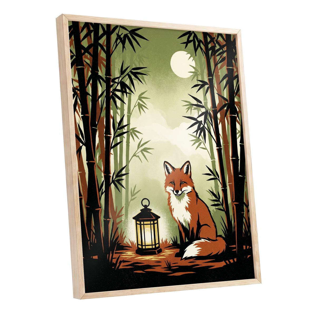 Foxlight in Bamboo, black, green, orange nature wall art shown as a oak framed poster wall art print