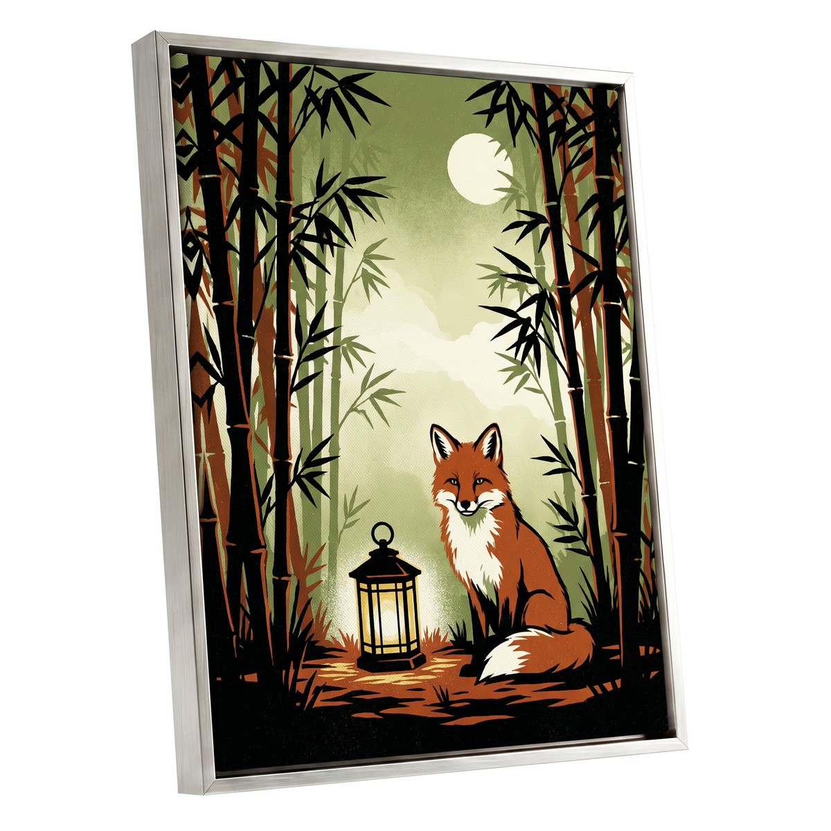 Foxlight in Bamboo, black, green, orange nature wall art shown as a silver framed canvas wall art