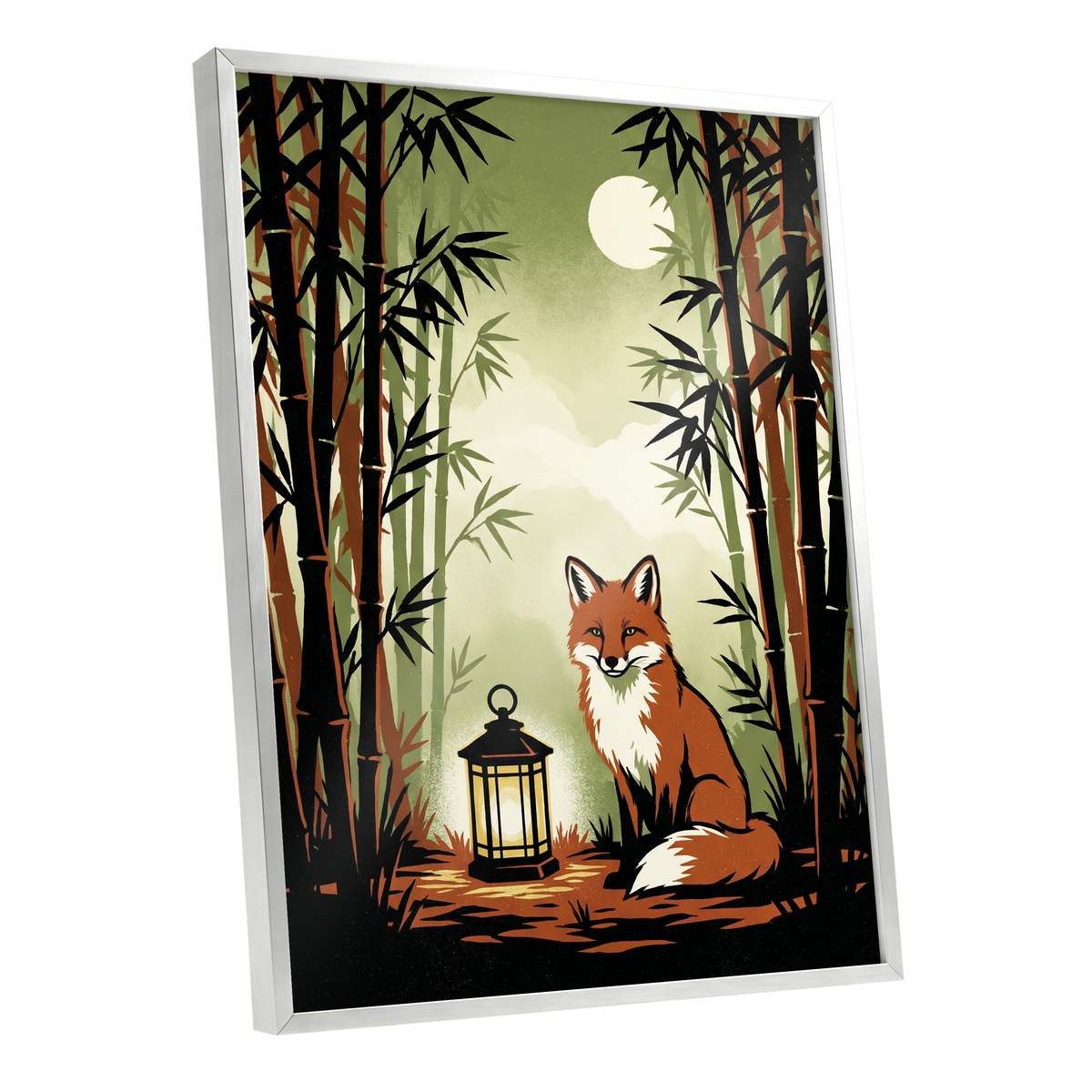 Foxlight in Bamboo, black, green, orange nature wall art shown as a silver framed poster wall art print
