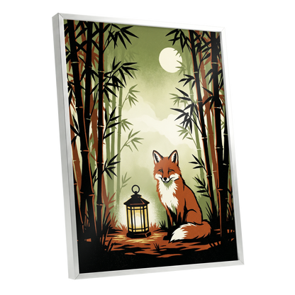 Foxlight in Bamboo, black, green, orange nature wall art shown as a silver framed poster wall art print