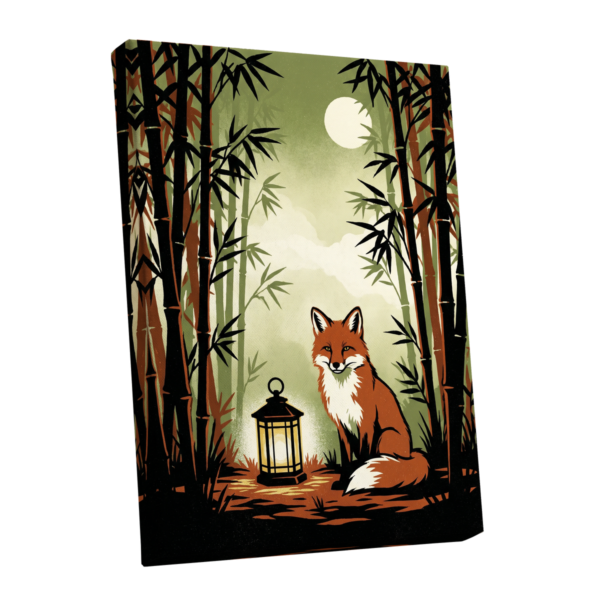 Foxlight in Bamboo, black, green, orange nature wall art shown as a stretched canvas wall art