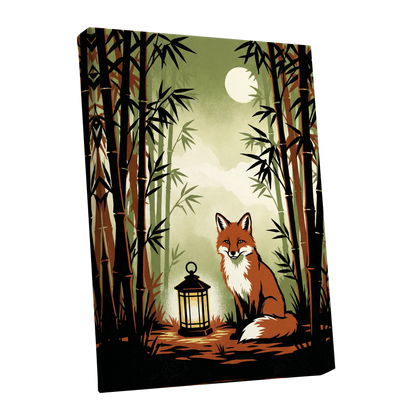 Foxlight in Bamboo, black, green, orange nature wall art shown as a stretched canvas wall art