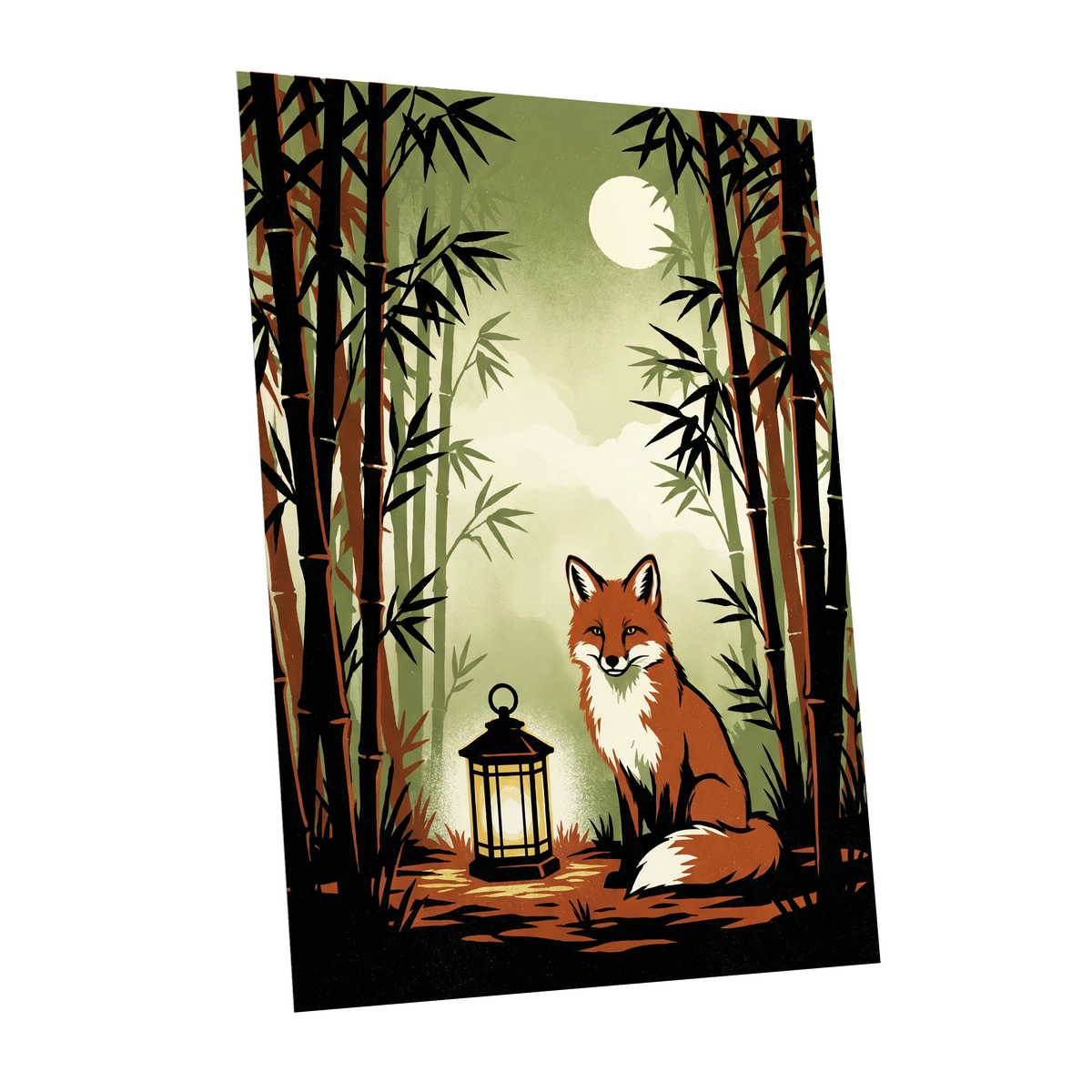 Foxlight in Bamboo, black, green, orange nature wall art shown as a unframed poster wall art print