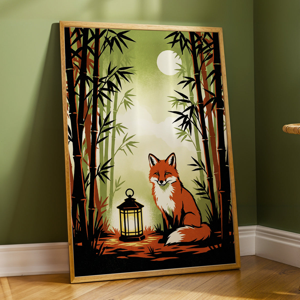 Foxlight in Bamboo, black, green, orange nature wall art displayed in a styled interior, gallery view 2