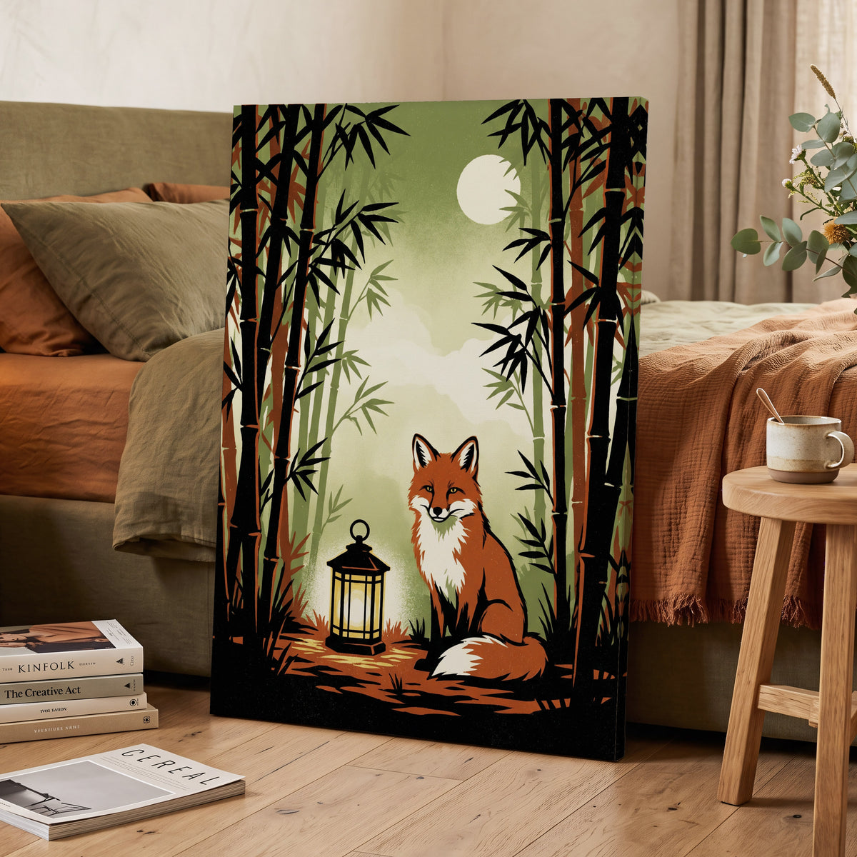 Foxlight in Bamboo, black, green, orange nature wall art displayed in a styled interior, gallery view 3
