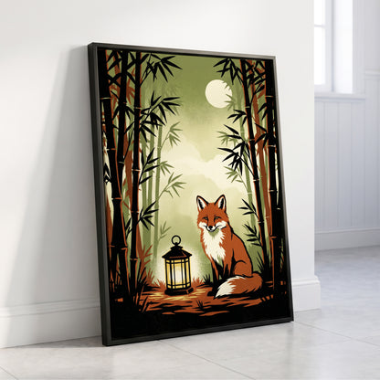 Foxlight in Bamboo, black, green, orange nature wall art displayed in a styled interior, gallery view 4