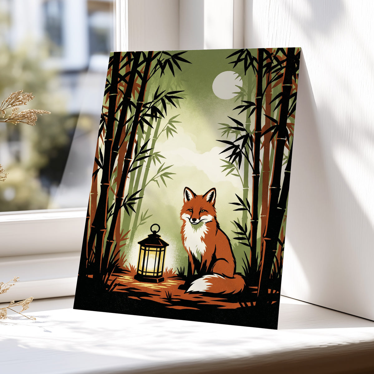 Foxlight in Bamboo, black, green, orange nature wall art displayed in a styled interior, gallery view 5