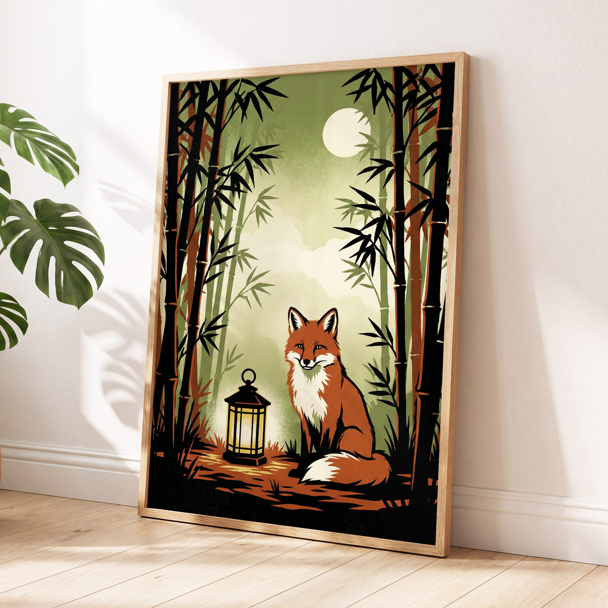 Foxlight in Bamboo, black, green, orange nature wall art displayed in a styled interior, gallery view 6