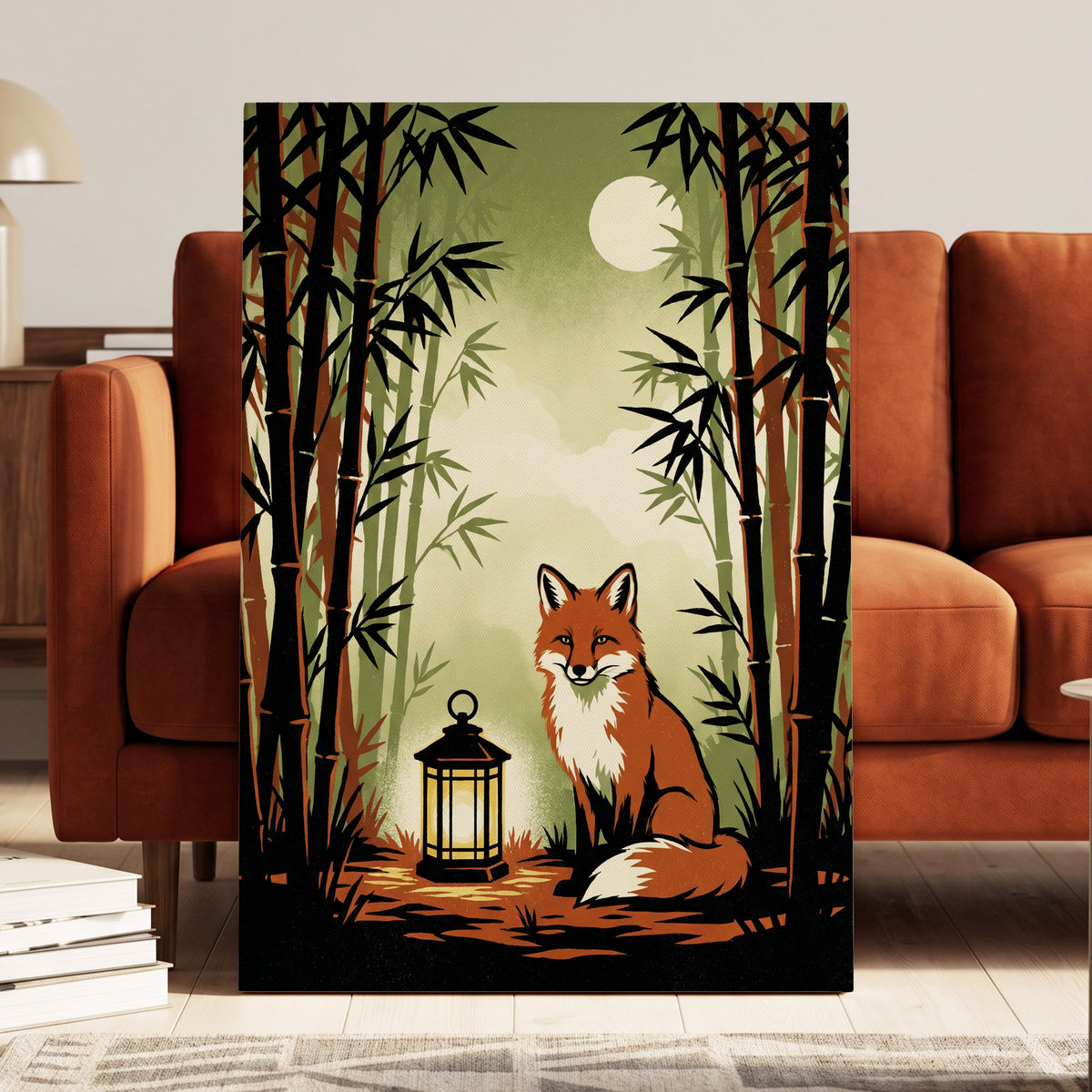Foxlight in Bamboo, black, green, orange nature wall art displayed in a styled interior, gallery view 7