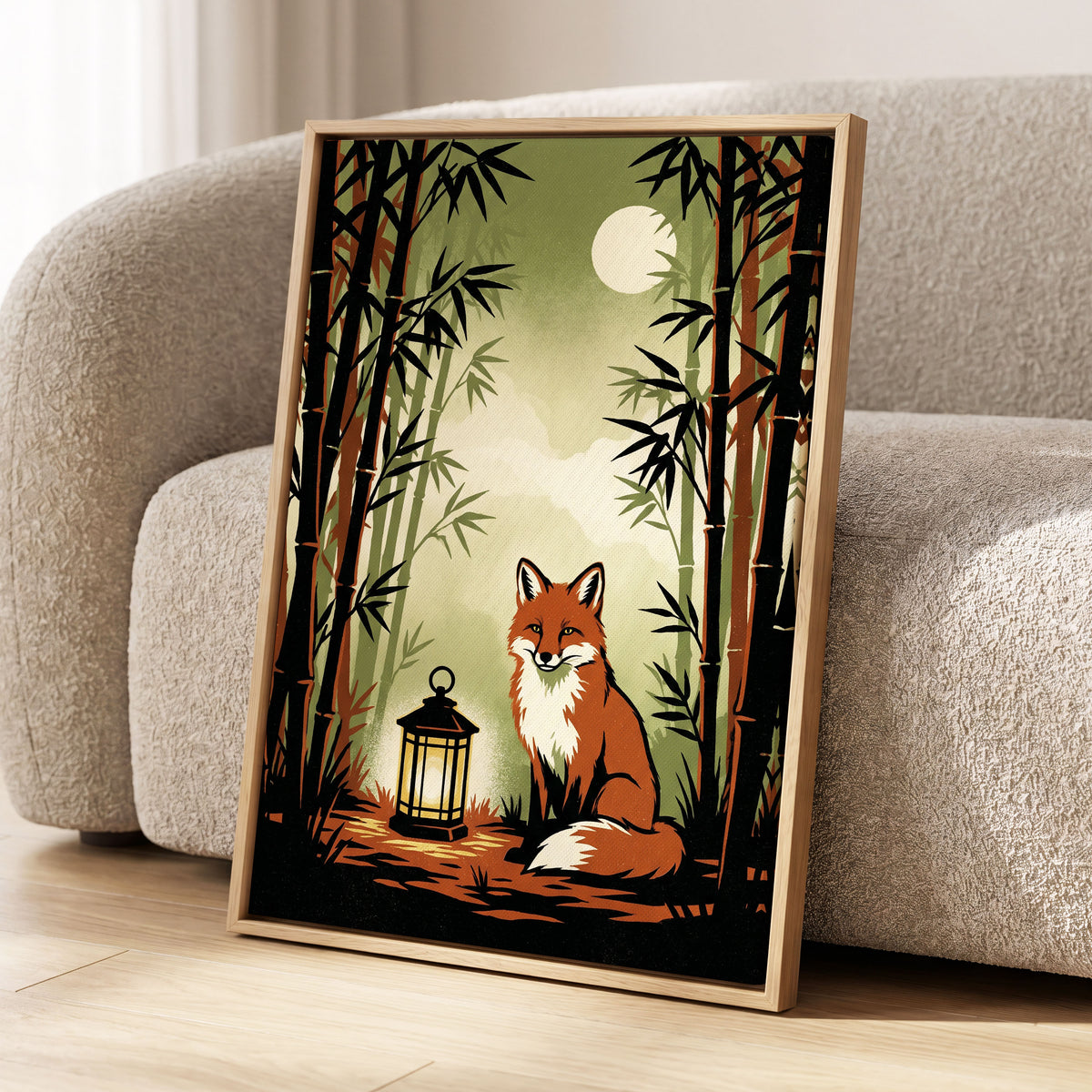 Foxlight in Bamboo, black, green, orange nature wall art displayed in a styled interior, gallery view 8