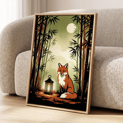 Foxlight in Bamboo, black, green, orange nature wall art displayed in a styled interior, gallery view 8