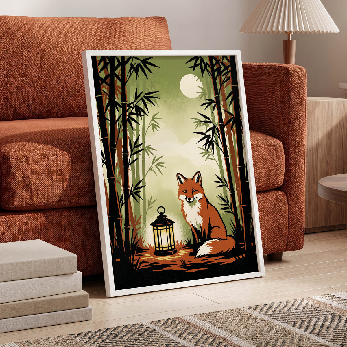 Foxlight in Bamboo, black, green, orange nature wall art displayed in a styled interior, gallery view 9