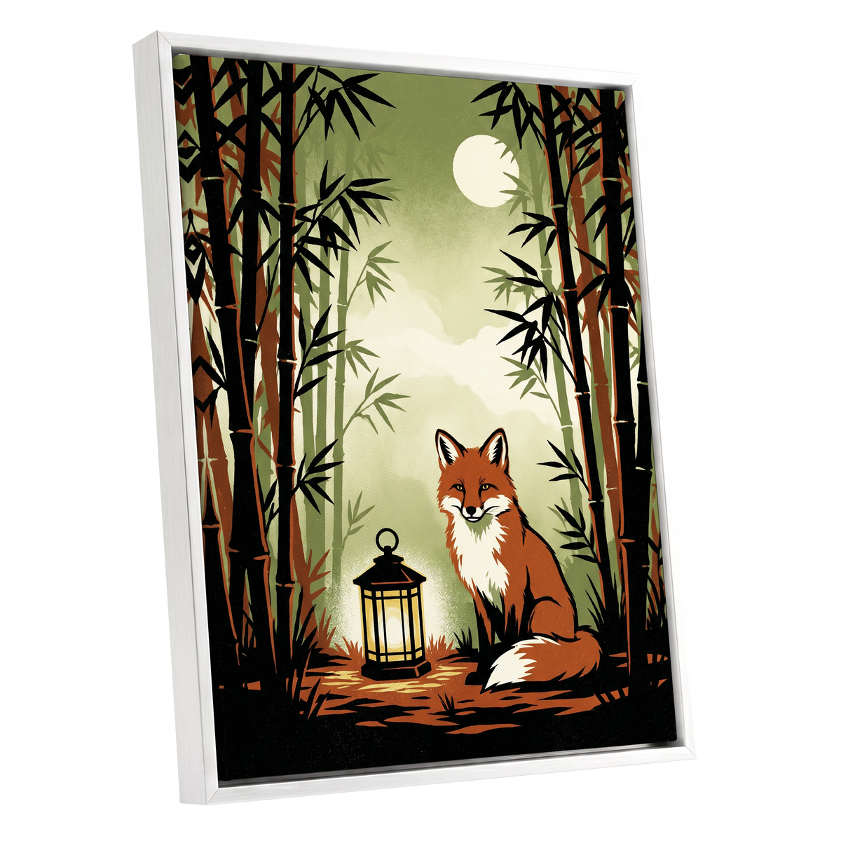 Foxlight in Bamboo, black, green, orange nature wall art shown as a white framed canvas wall art