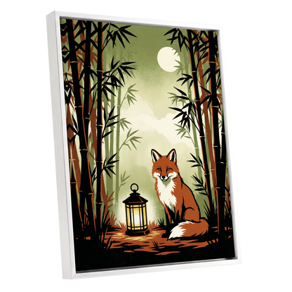 Foxlight in Bamboo, black, green, orange nature wall art shown as a white framed canvas wall art