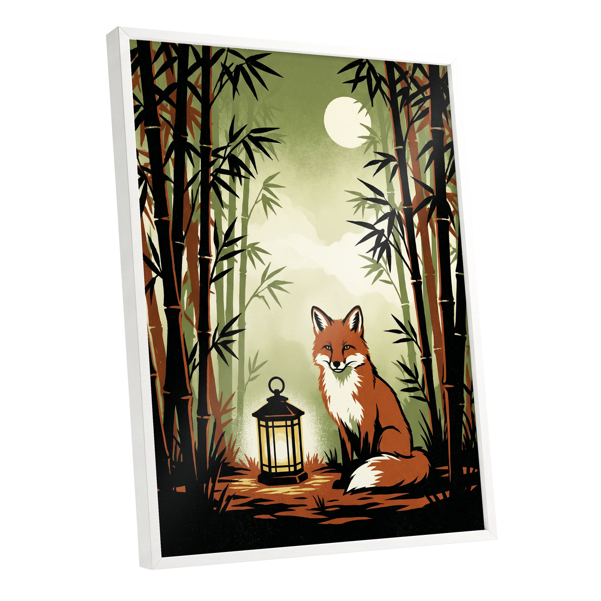 Foxlight in Bamboo, black, green, orange nature wall art shown as a white framed poster wall art print