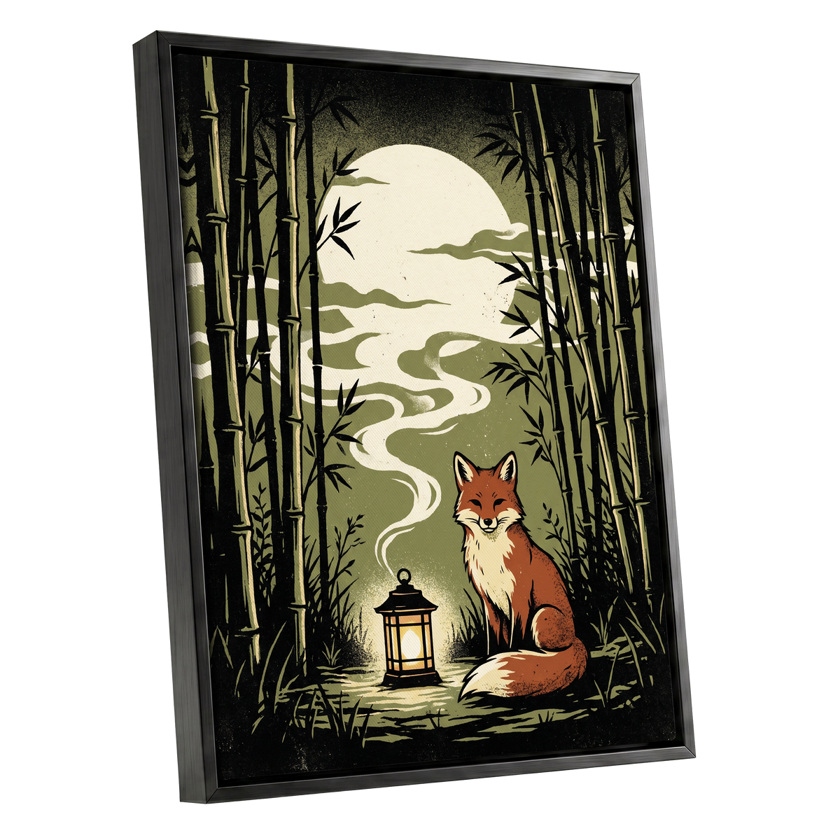Foxlight in the Bamboo, black, green, beige nature wall art shown as a black framed canvas wall art
