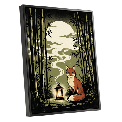 Foxlight in the Bamboo, black, green, beige nature wall art shown as a black framed canvas wall art