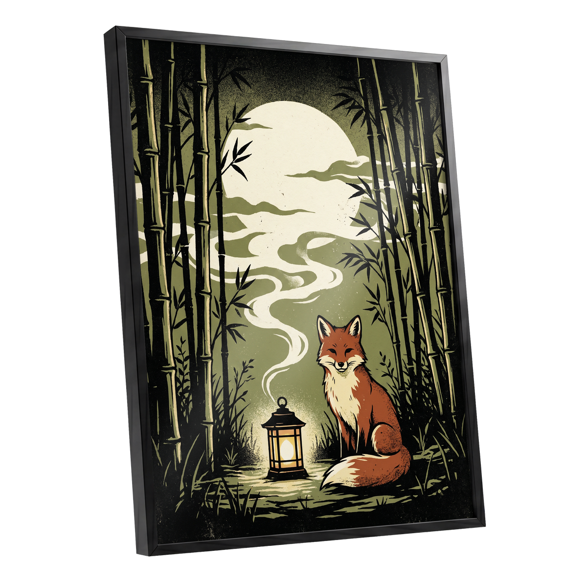 Foxlight in the Bamboo, black, green, beige nature wall art shown as a black framed poster wall art print