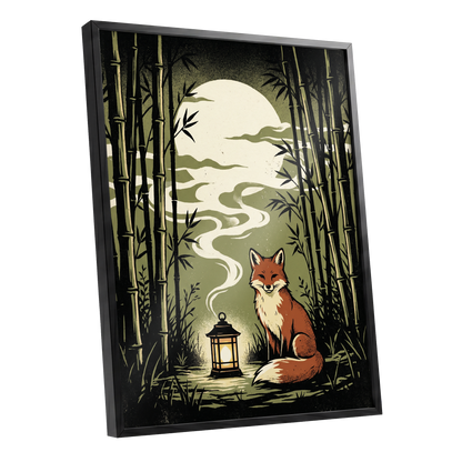 Foxlight in the Bamboo, black, green, beige nature wall art shown as a black framed poster wall art print