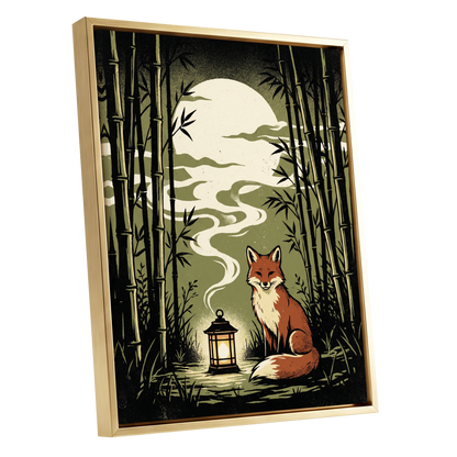 Foxlight in the Bamboo, black, green, beige nature wall art shown as a gold framed canvas wall art
