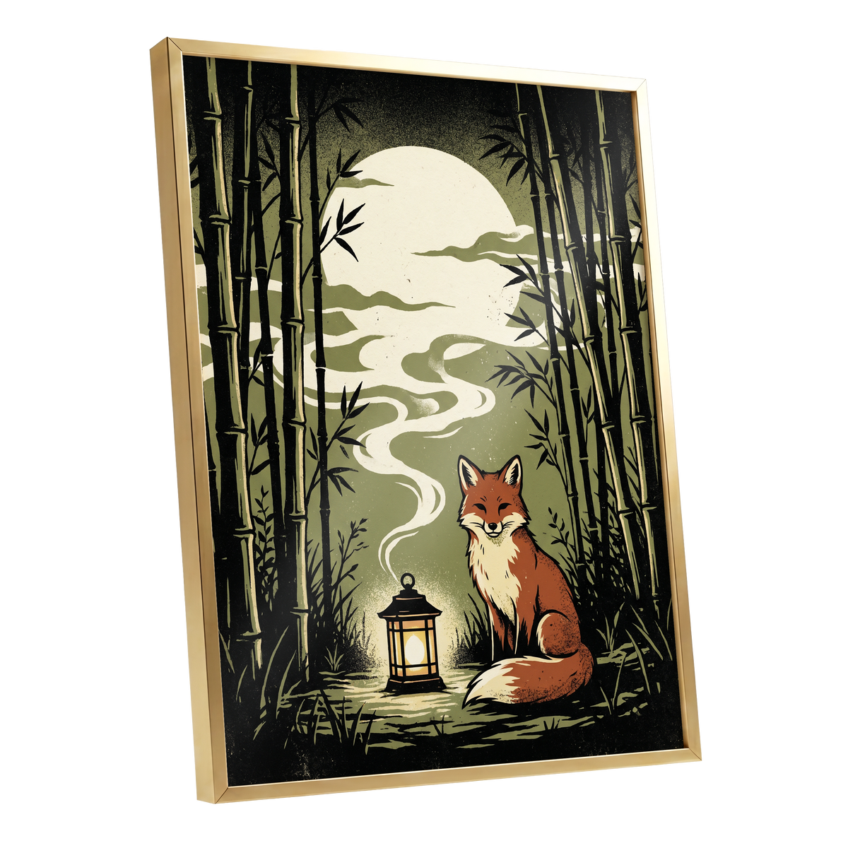 Foxlight in the Bamboo, black, green, beige nature wall art shown as a gold framed poster wall art print