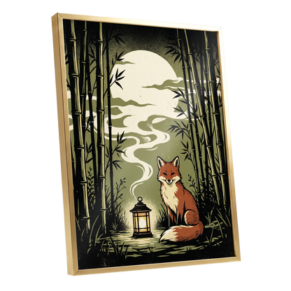 Foxlight in the Bamboo, black, green, beige nature wall art shown as a gold framed poster wall art print