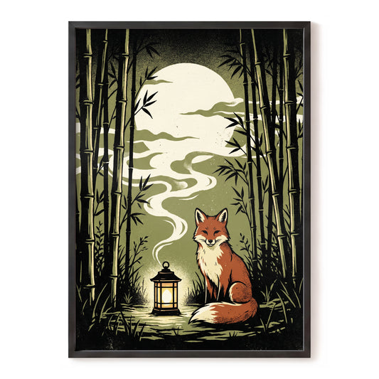 Foxlight in the Bamboo, black, green, beige nature wall art, front artwork view