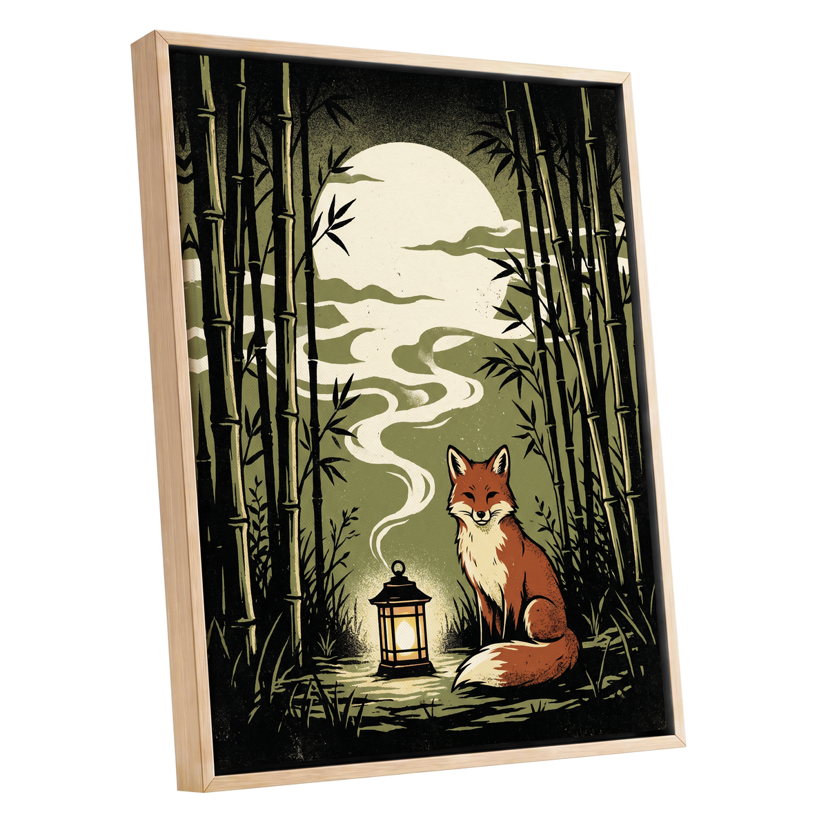 Foxlight in the Bamboo, black, green, beige nature wall art shown as a oak framed canvas wall art