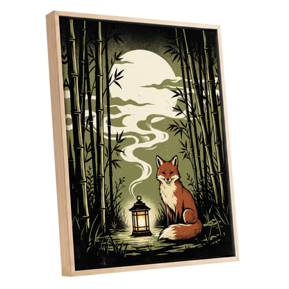 Foxlight in the Bamboo, black, green, beige nature wall art shown as a oak framed canvas wall art