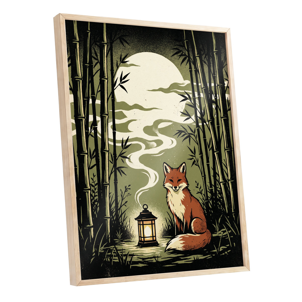 Foxlight in the Bamboo, black, green, beige nature wall art shown as a oak framed poster wall art print