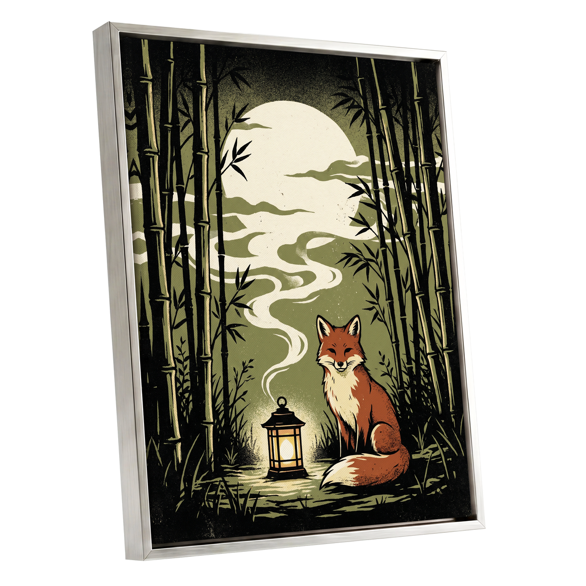 Foxlight in the Bamboo, black, green, beige nature wall art shown as a silver framed canvas wall art